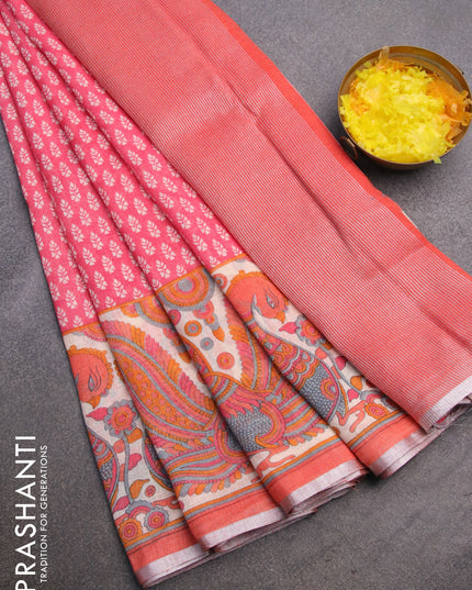 Pure linen saree pink and peach orange with allover butta prints and silver zari woven piping border