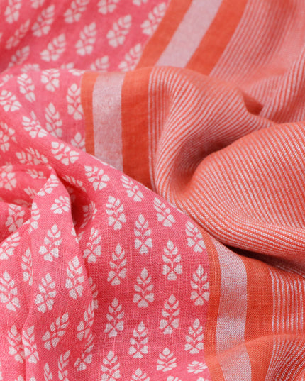 Pure linen saree pink and peach orange with allover butta prints and silver zari woven piping border