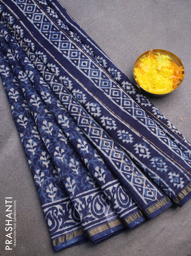 Chanderi bagru saree indigo blue with allover butta prints and zari woven piping border