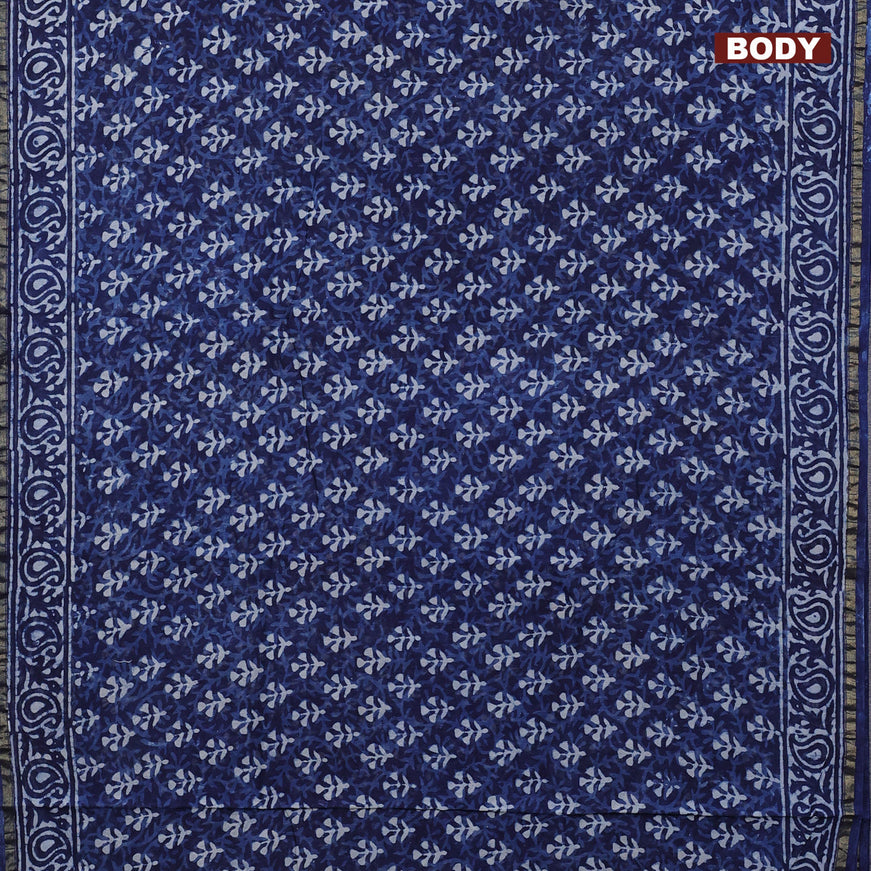 Chanderi bagru saree indigo blue with allover butta prints and zari woven piping border