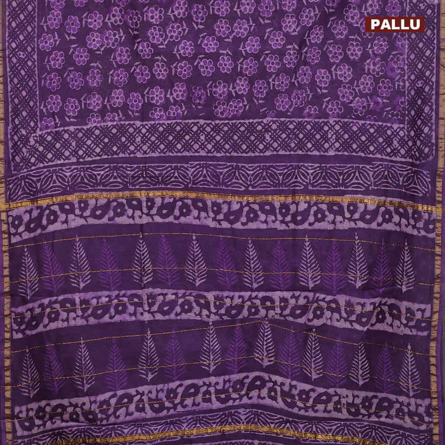 Chanderi bagru saree violet with allover butta prints and zari woven piping border