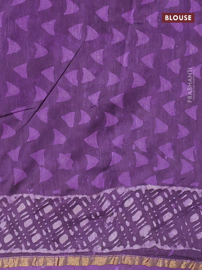 Chanderi bagru saree violet with allover butta prints and zari woven piping border