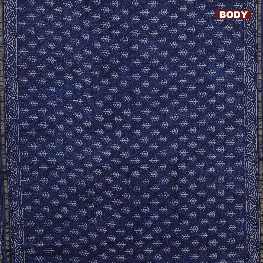 Chanderi bagru saree dark blue with allover butta prints and zari woven piping border