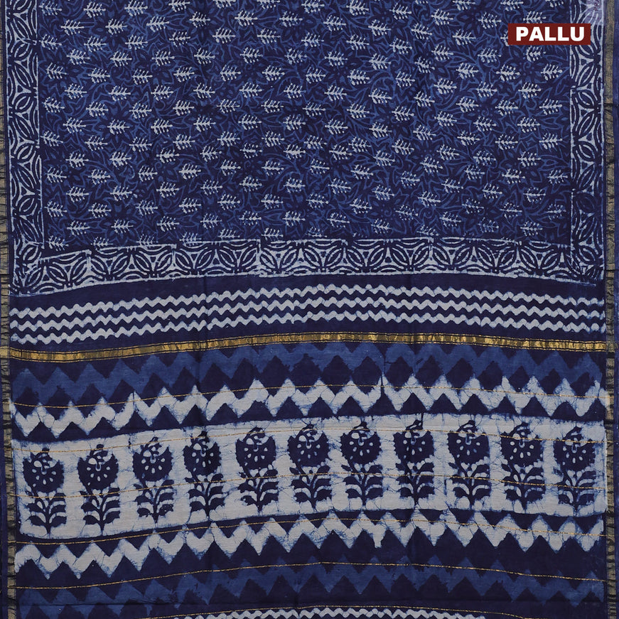 Chanderi bagru saree dark blue with allover butta prints and zari woven piping border