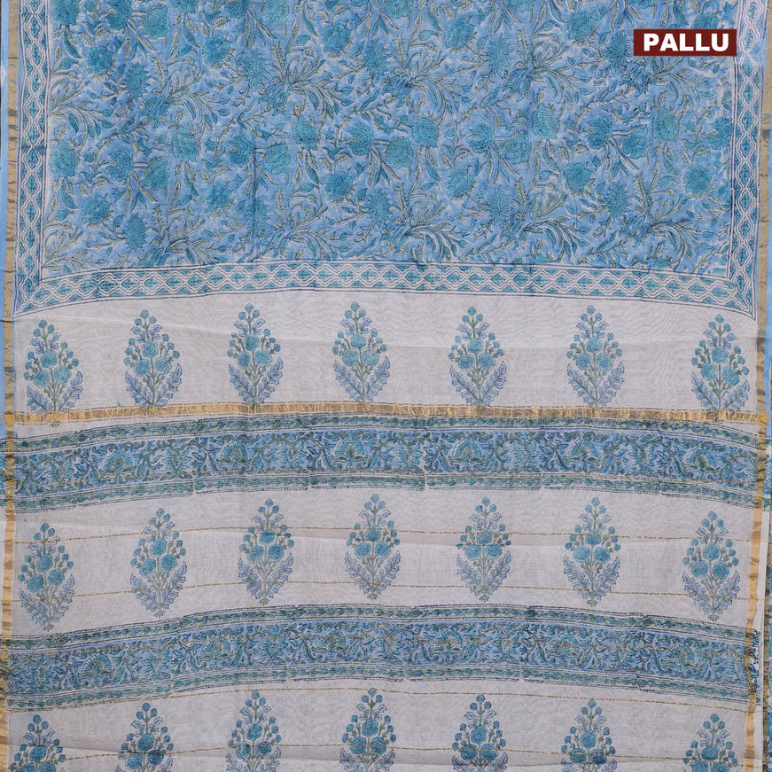 Chanderi bagru saree light blue with allover floral prints and zari woven piping border