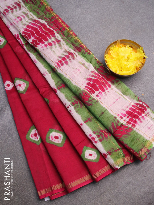 Chanderi bagru saree pink with batik butta prints and zari woven piping border