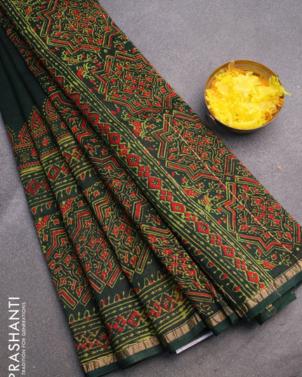 Chanderi bagru saree green with allover prints and zari woven piping border