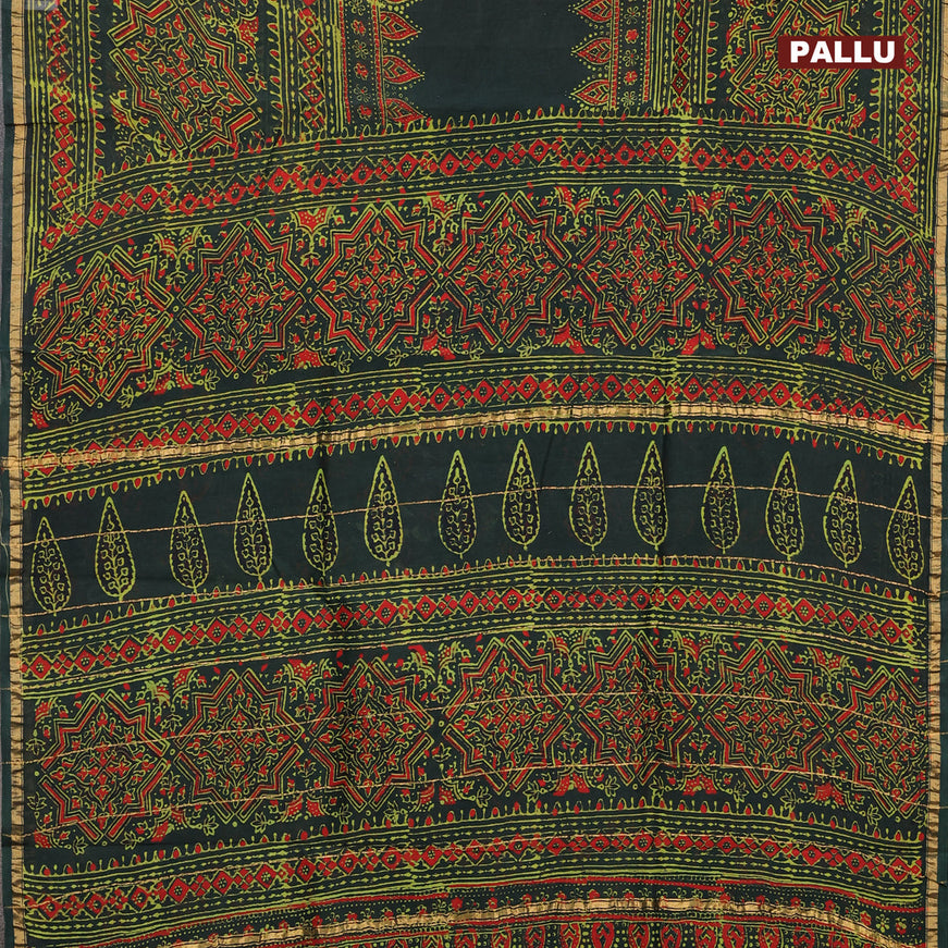 Chanderi bagru saree green with allover prints and zari woven piping border