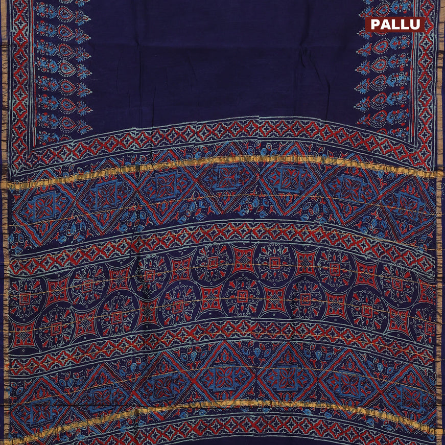 Chanderi bagru saree blue with plain body and zari woven piping border