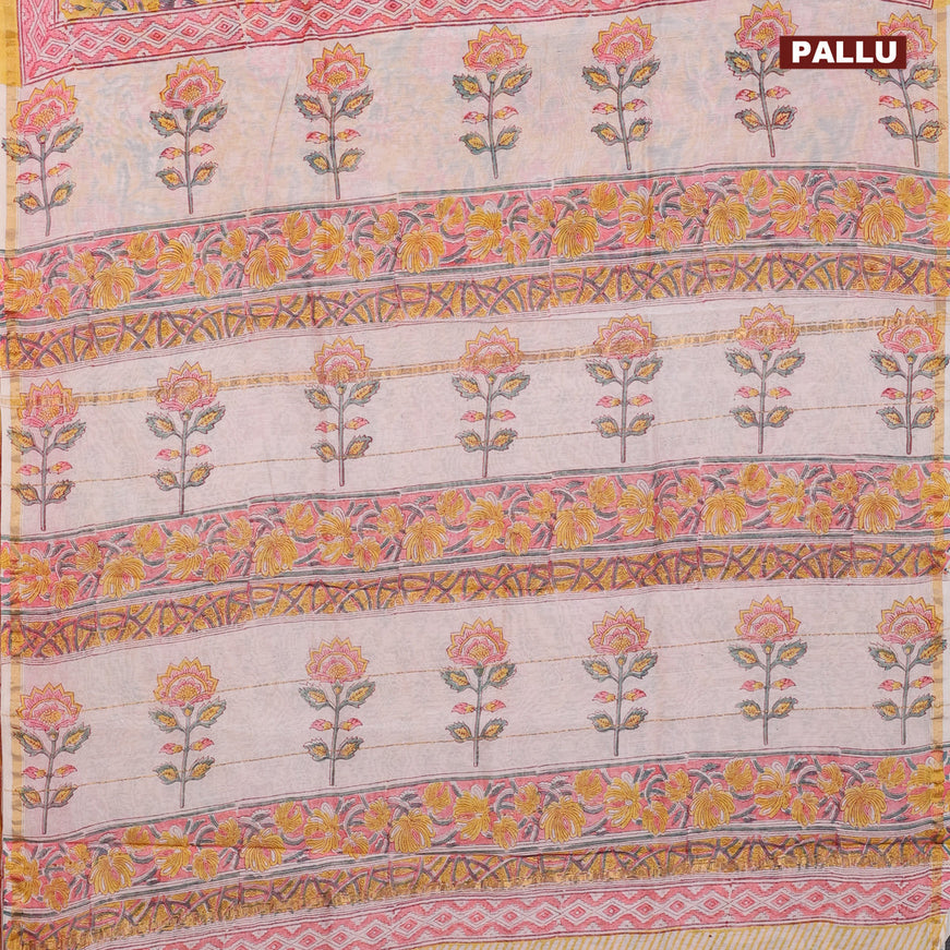 Chanderi bagru saree yellow with allover floral prints and zari woven piping border