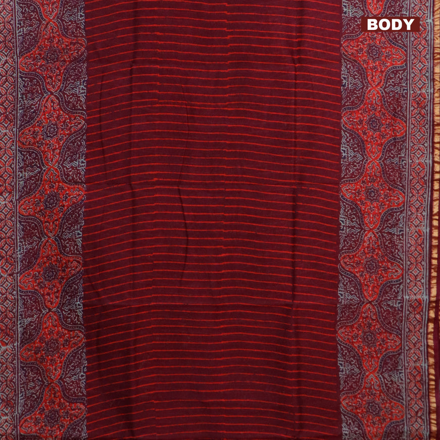 Chanderi bagru saree deep maroon with allover stripes pattern and zari woven piping border