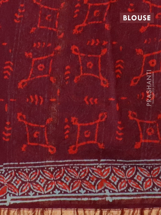 Chanderi bagru saree deep maroon with allover stripes pattern and zari woven piping border