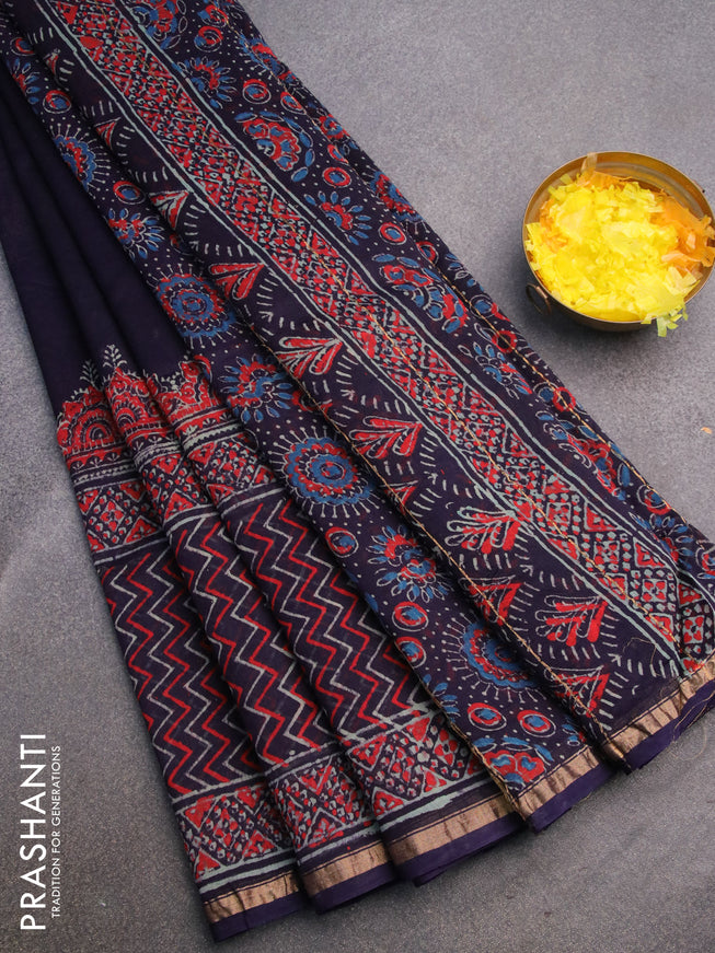Chanderi bagru saree blue with allover prints and zari woven piping border