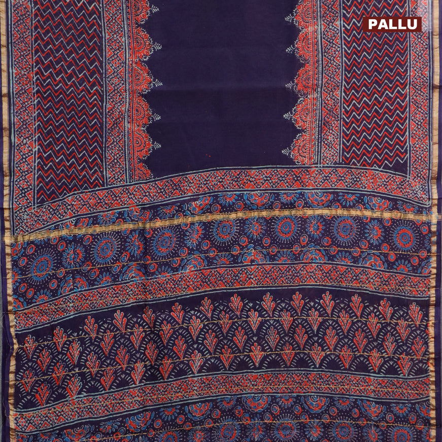 Chanderi bagru saree blue with allover prints and zari woven piping border