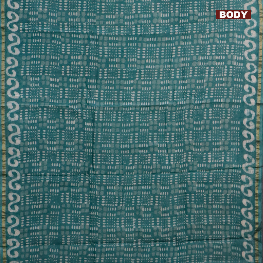Chanderi bagru saree pastel green with allover prints and zari woven piping border