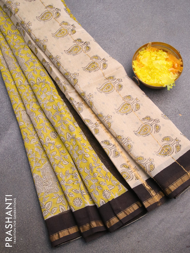 Chanderi bagru saree lime yellow and black with allover kalamkari prints and zari woven piping border