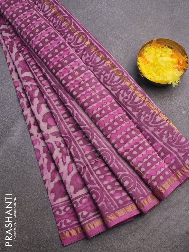 Chanderi bagru saree mild purple with allover prints and zari woven piping border