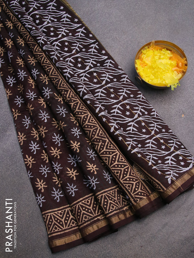 Chanderi bagru saree deep coffee brown with allover butta prints and zari woven piping border