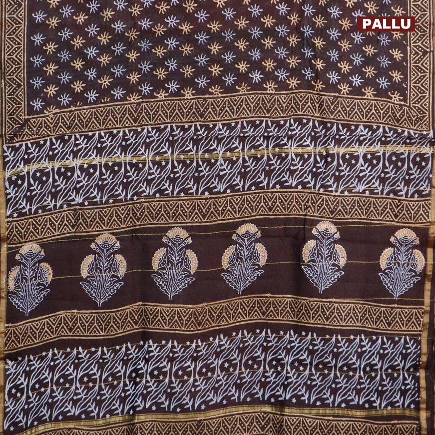 Chanderi bagru saree deep coffee brown with allover butta prints and zari woven piping border
