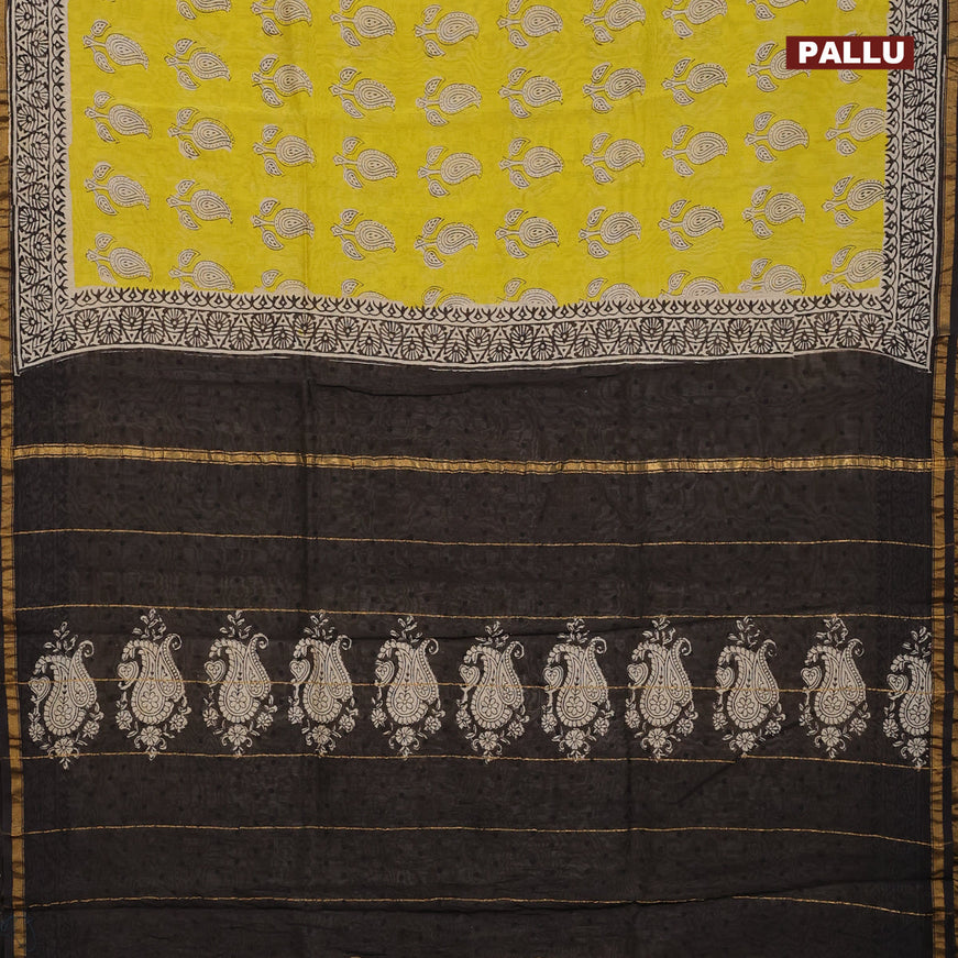 Chanderi bagru saree lime yellow and black with paisley zari woven buttas and zari woven piping border