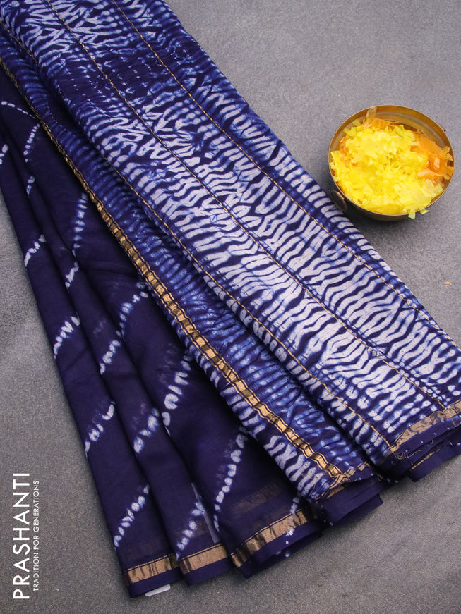 Chanderi bagru saree blue with allover shibori prints and zari woven piping border