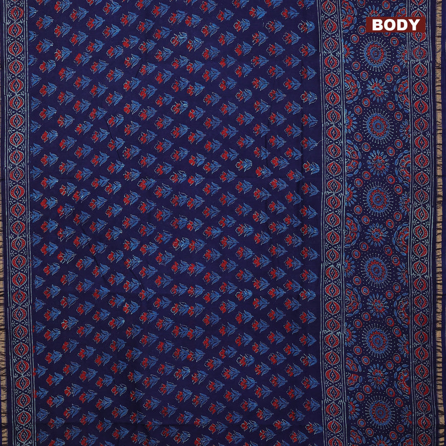 Chanderi bagru saree blue with allover floral butta prints and zari woven piping border