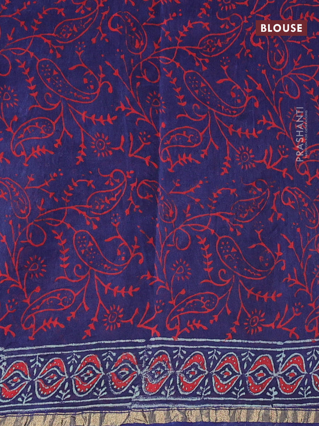 Chanderi bagru saree blue with allover floral butta prints and zari woven piping border