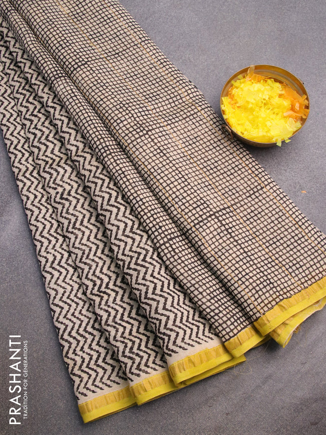 Chanderi bagru saree beige and lime yellow with allover zig zag prints and zari woven piping border