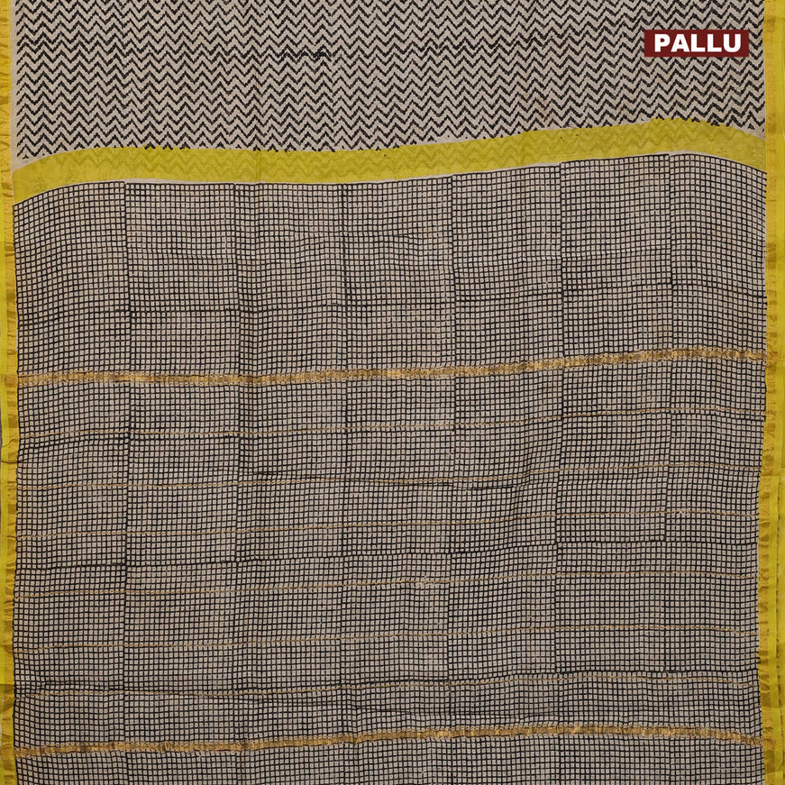 Chanderi bagru saree beige and lime yellow with allover zig zag prints and zari woven piping border