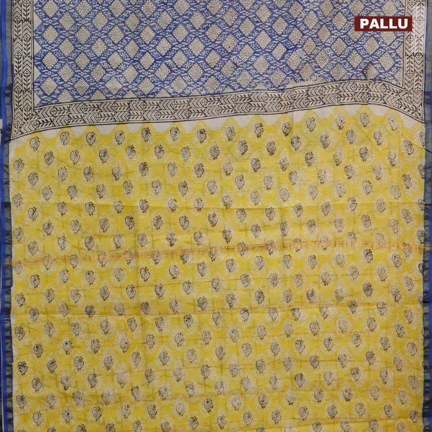 Chanderi bagru saree blue and beige with allover geometric prints and zari woven piping border