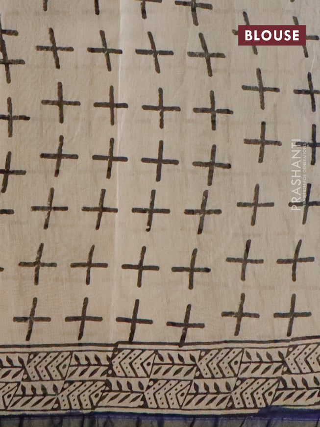 Chanderi bagru saree blue and beige with allover geometric prints and zari woven piping border