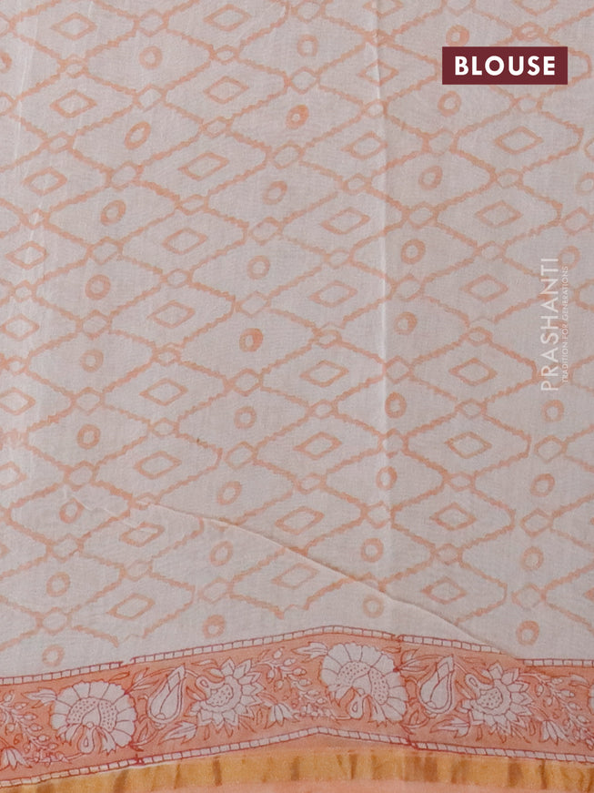 Chanderi bagru saree off white and peach orange with allover floral prints and zari woven piping border