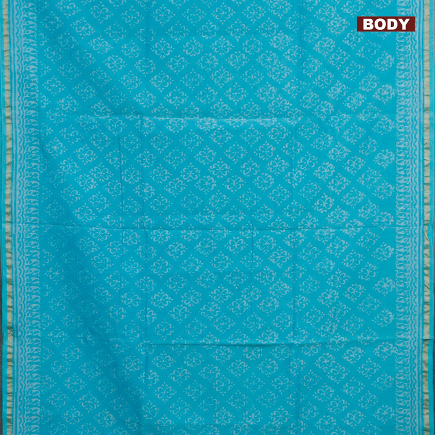 Chanderi bagru saree light blue with allover prints and zari woven piping border