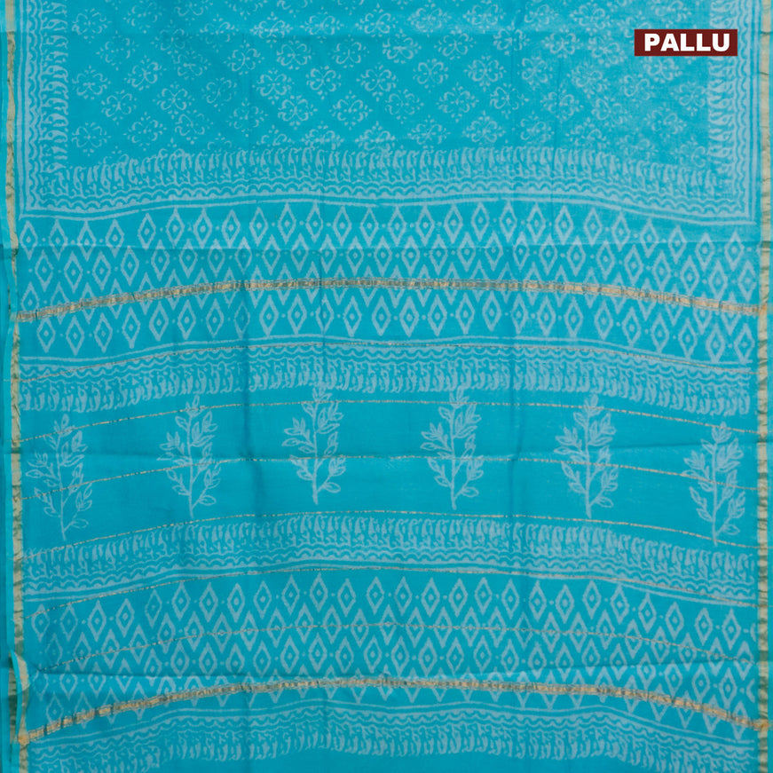 Chanderi bagru saree light blue with allover prints and zari woven piping border