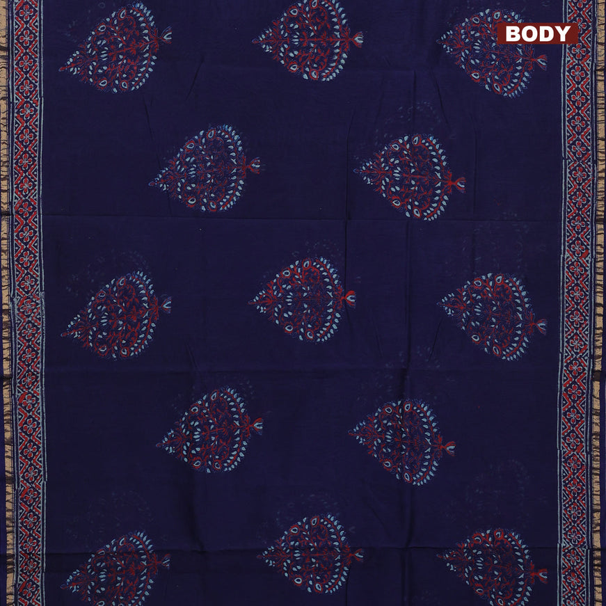 Chanderi bagru saree blue with butta prints and zari woven piping border