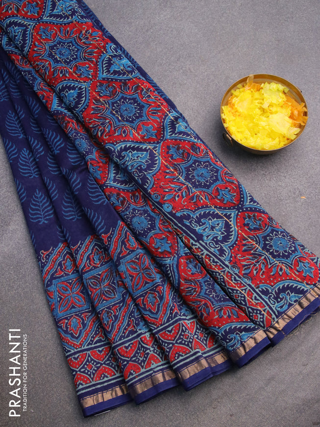 Chanderi bagru saree blue with allover butta prints and zari woven piping border