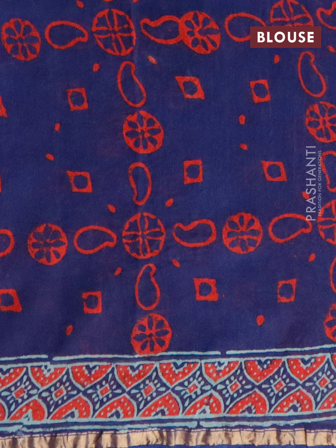 Chanderi bagru saree blue with allover butta prints and zari woven piping border