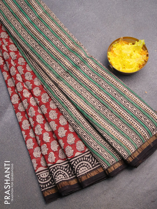 Chanderi bagru saree maroon and black with allover floral butta prints and zari woven piping border