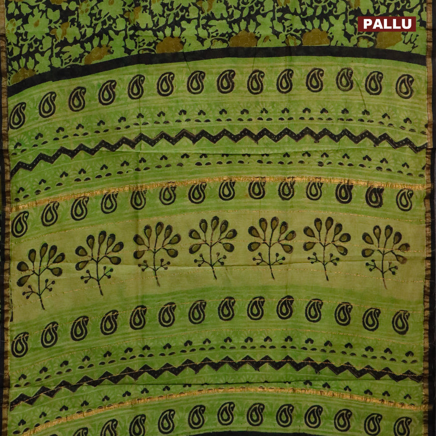 Chanderi bagru saree black and light green with allover floral prints and zari woven piping border