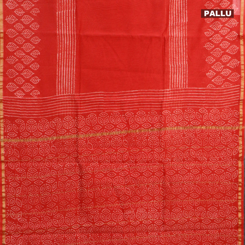 Chanderi bagru saree red with allover stripes pattern and zari woven piping border