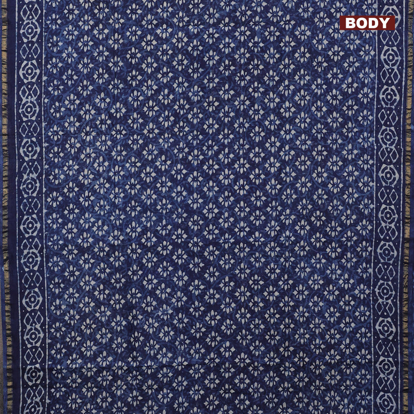 Chanderi bagru saree indigo blue with allover dabu prints and zari woven piping border