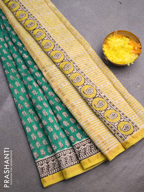 Chanderi bagru saree green and yellow with allover floral butta prints and zari woven piping border