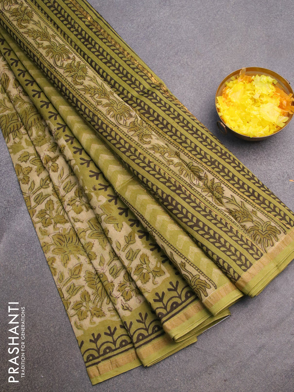 Chanderi bagru saree elaichi green with allover prints and zari woven piping border