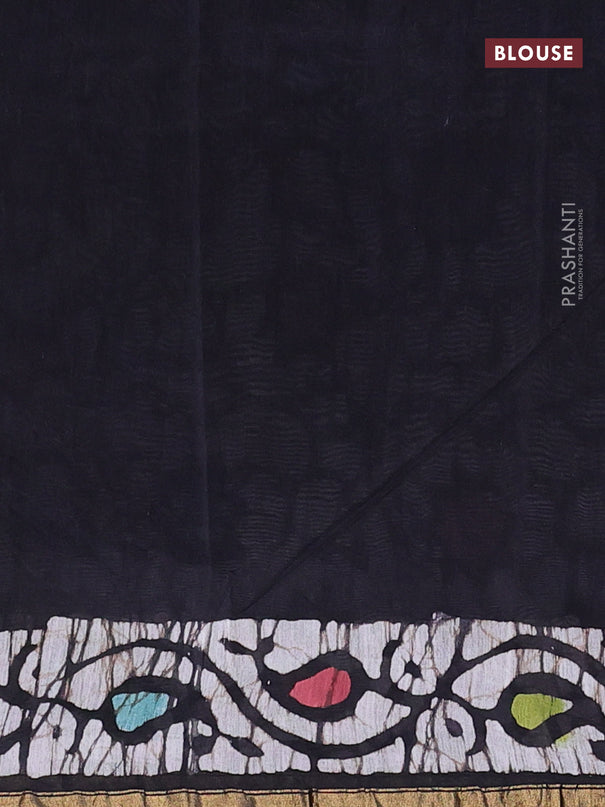 Chanderi bagru saree black and off white with allover batik prints and zari woven piping border