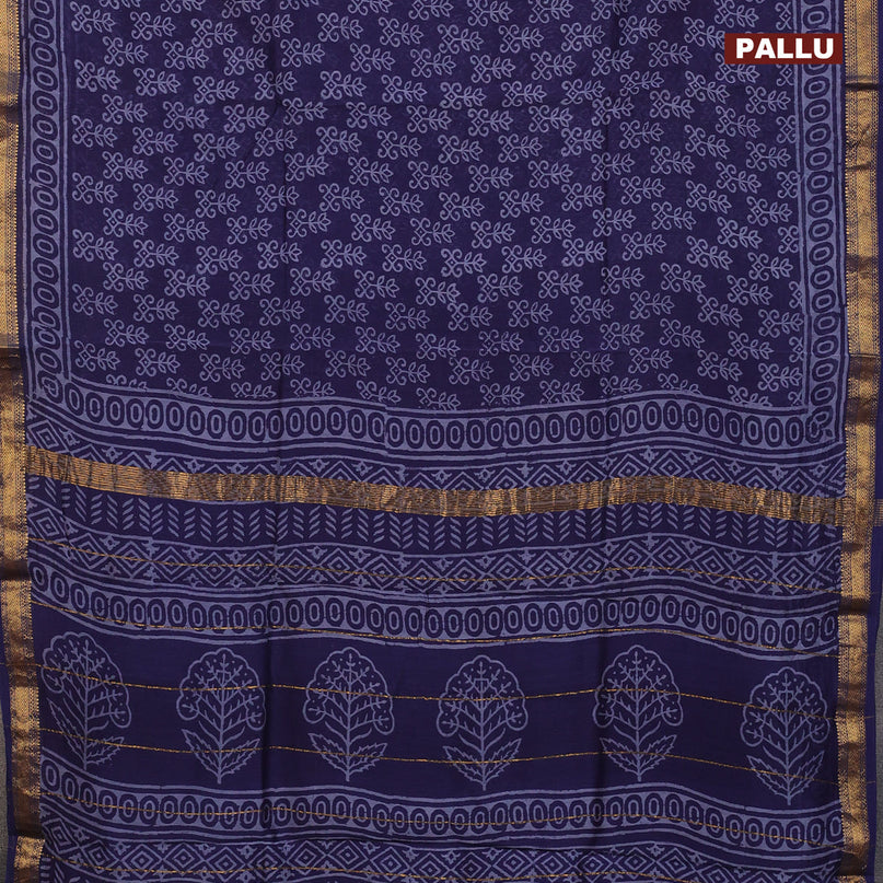 Chanderi bagru saree blue with allover butta prints and zari woven maheshwari border