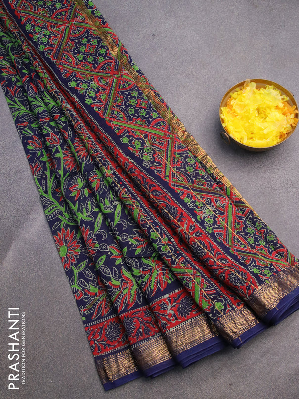 Chanderi bagru saree blue with allover floral prints and zari woven maheshwari border