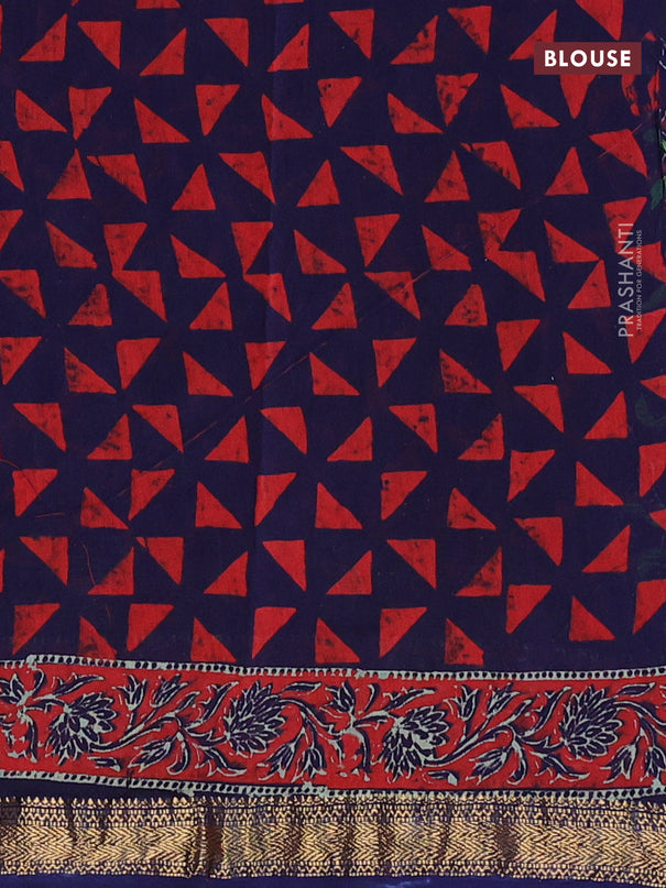 Chanderi bagru saree blue with allover floral prints and zari woven maheshwari border
