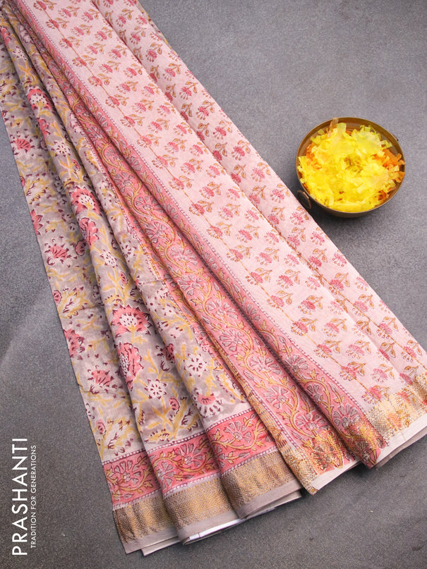 Chanderi bagru saree beige with allover floral prints and zari woven maheshwari border