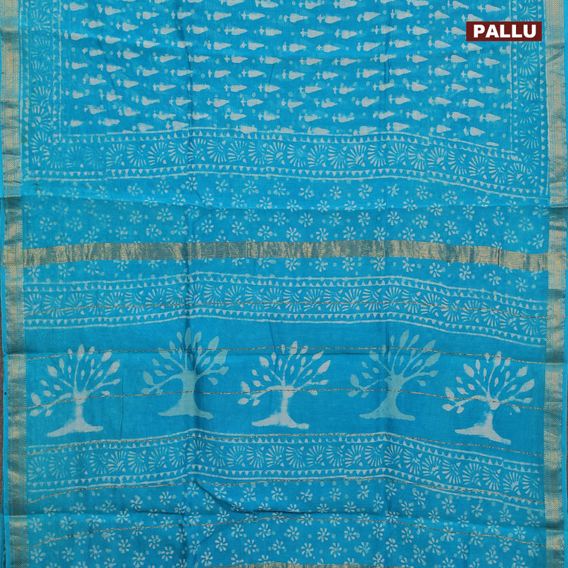 Chanderi bagru saree light blue and sith allover butta prints and zari woven maheshwari border