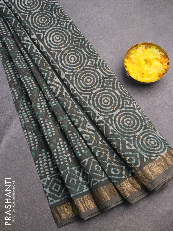 Chanderi bagru saree greyish green with allover prints and zari woven maheshwari border